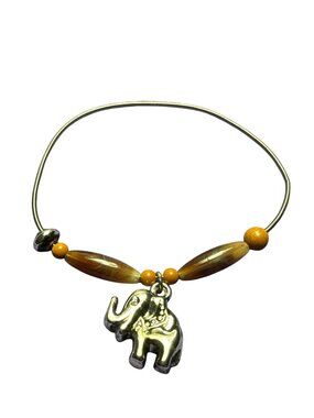 Silvertone Serpentine Stretchy Bracelet Elephant Charm Brown Plastic Beads
